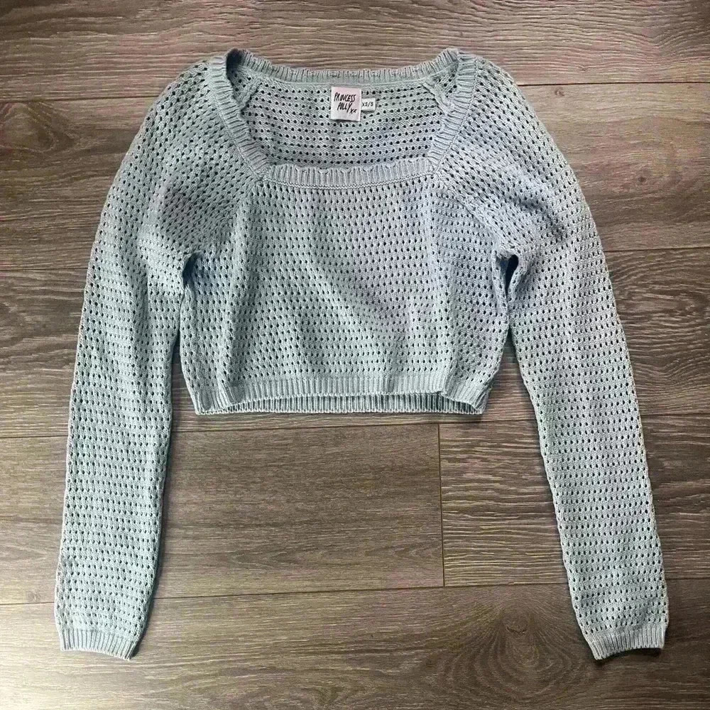 Princess Polly Blue Crocheted Long Sleeve Square Neck Cropped Sweater Size XS/S